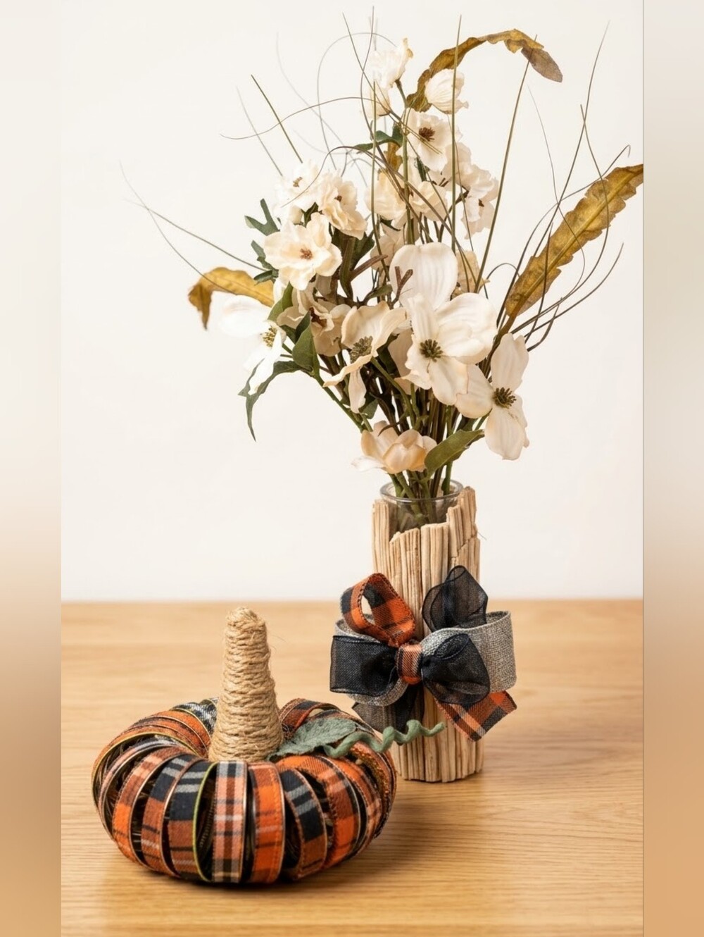 Handmade Autumn Floral Vase & Ribbon Pumpkin